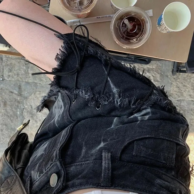 

Женская джинсовая мини-юбка на завязках, короткая винтажная уличная юбка в стиле панк с необработанными краями и завышенной талией, лето 2023