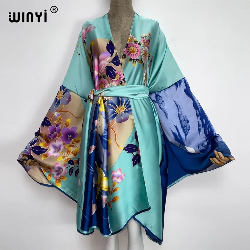 

2022 WINYI Women beach swimsuit Cardigan Long Dress cover up Party Boho Maxi African Holiday Batwing Sleeve Summer kimono Robe