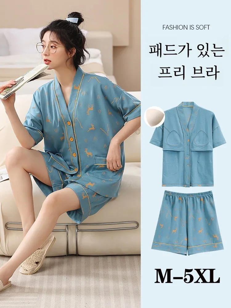Summer Pajamas Women Comes with Chest Pad One Pure Cotton Short sleeve Kimono Sweat Steaming Clothes plus Size Plus si...