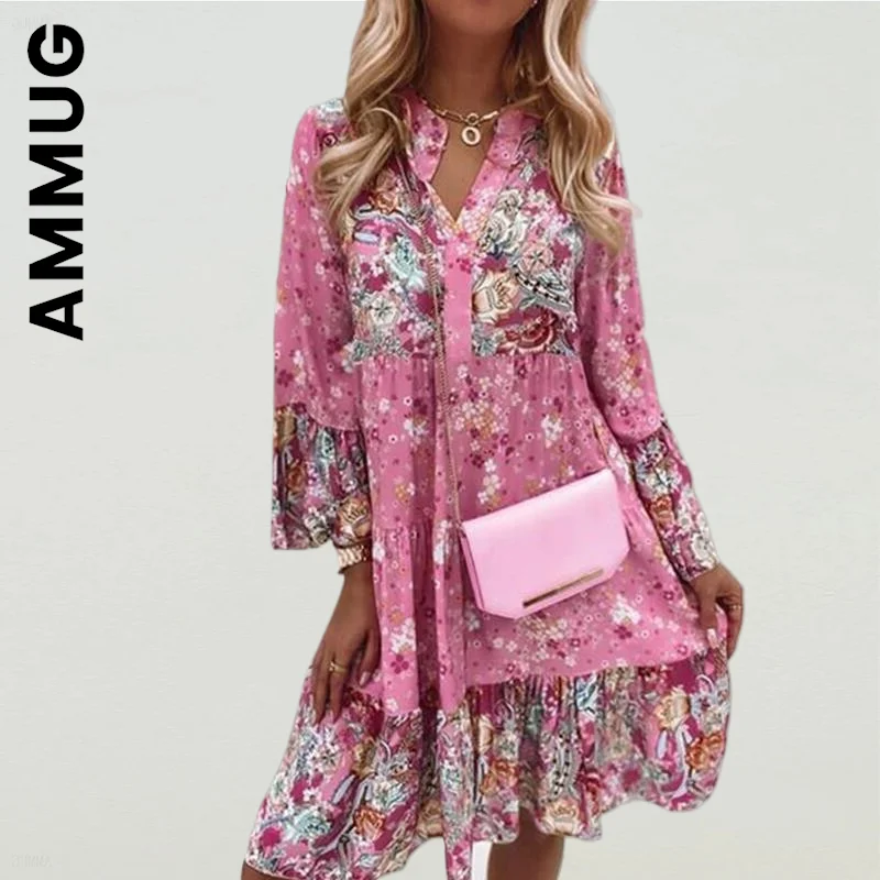 

Ammug New Women Dress Flare Sleeve Loose V-Neck Ruffle Mini Dresses Soft Vocation Style Robe Leisure Vestidos Clothing Female