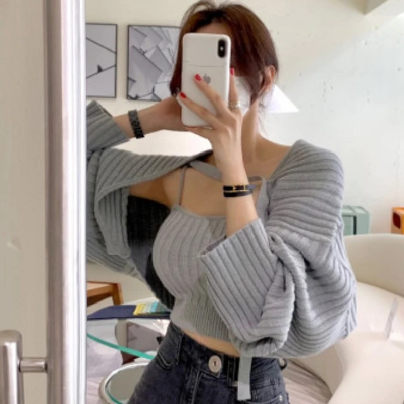 

Korean Chic Bat Sleeve Knitted Cardigan Tube 2 Piece Women's 2022 Autumn New High-end Sense Coat Tops