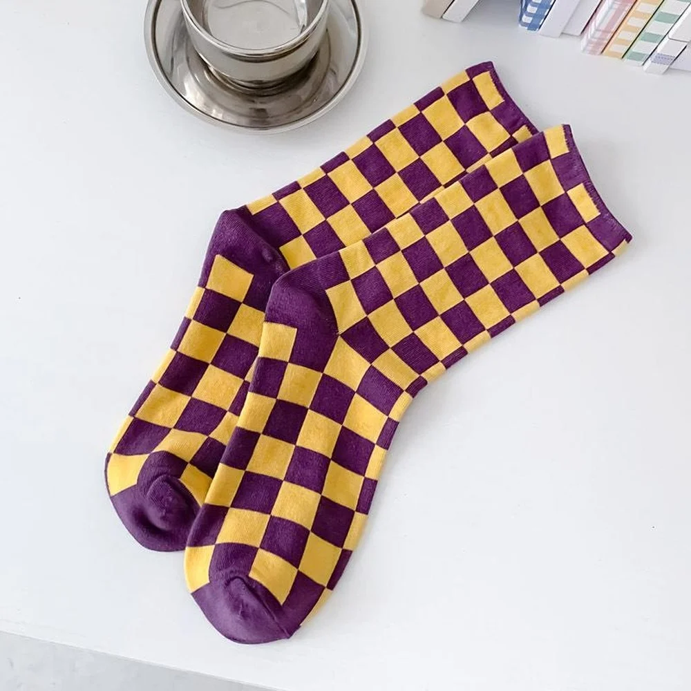 6 Pairs New Plaid Mid-tube Men and Women Cotton Socks Breathable Soft Unisex Korean Casual Simple Cartoon Socks Wholesale