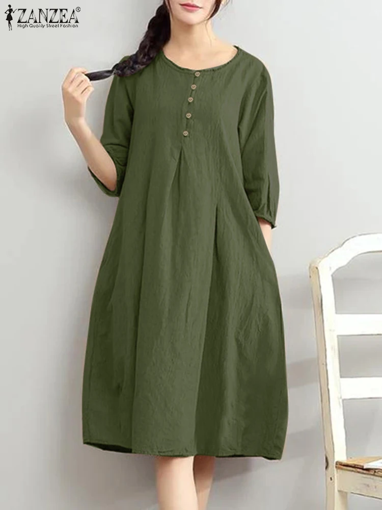 

ZANZEA Autumn Fashion Solid Dress Woman O-Neck Long Sleeve Sundress Female Casual Holiday Dresses Vintage OL Office Vestido 2023