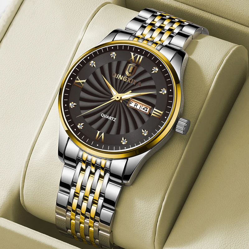 

QINGXIYA Top Brand Quartz Watch Men Stainless Steel Luminous Waterproof Watches Week Calendar Business Watch Men Montre Homme