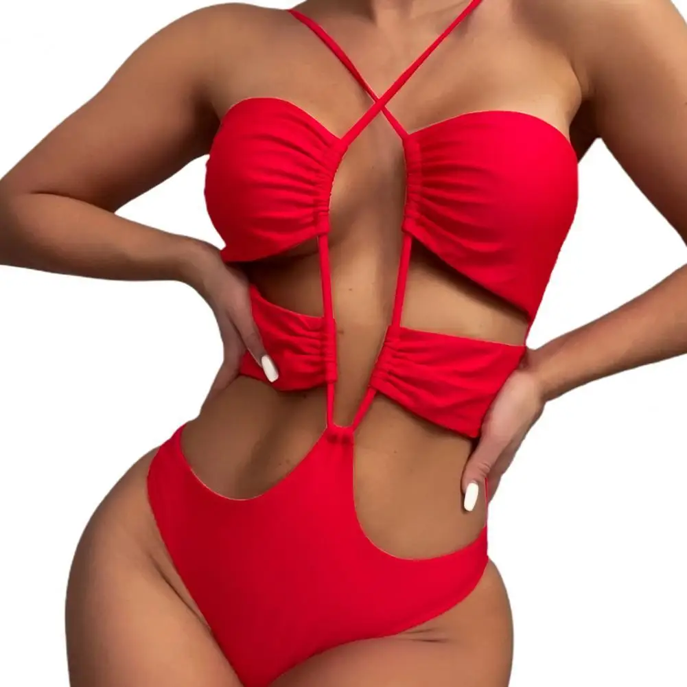 

Women Solid Color Sexy Bikini Swimsuit Shirring Push Up Padded Sexy Monokini Summer Hollow Backless Drawstring Romper Swimsuit