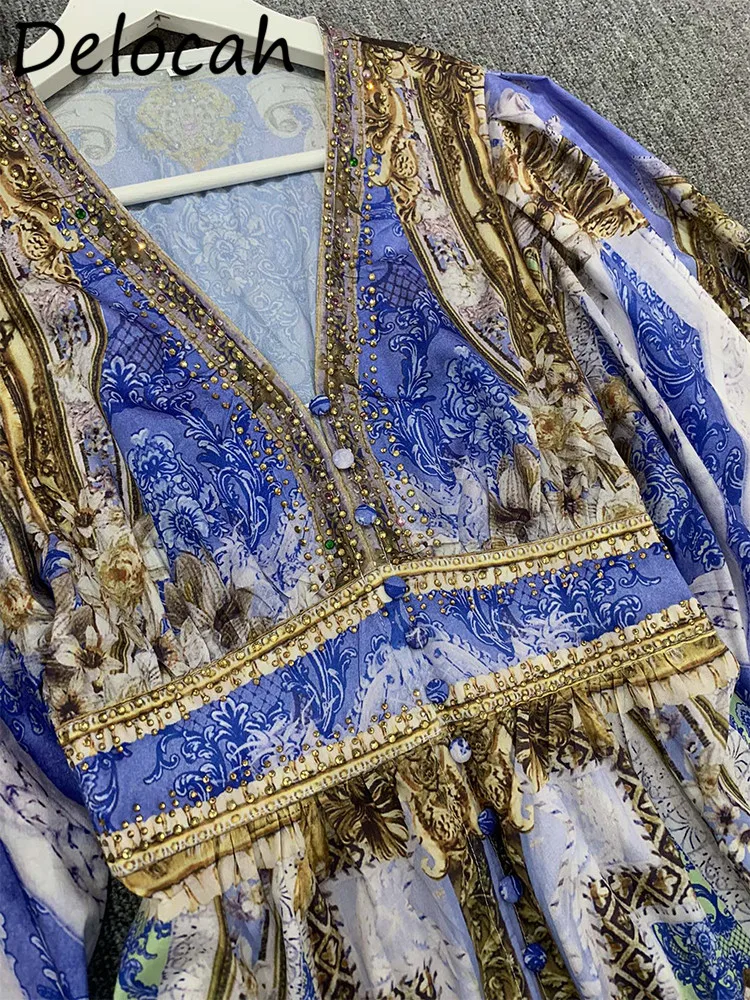 Богемное модное однобортное платье-мини Delocah с рукавами-фонариками и V-образным