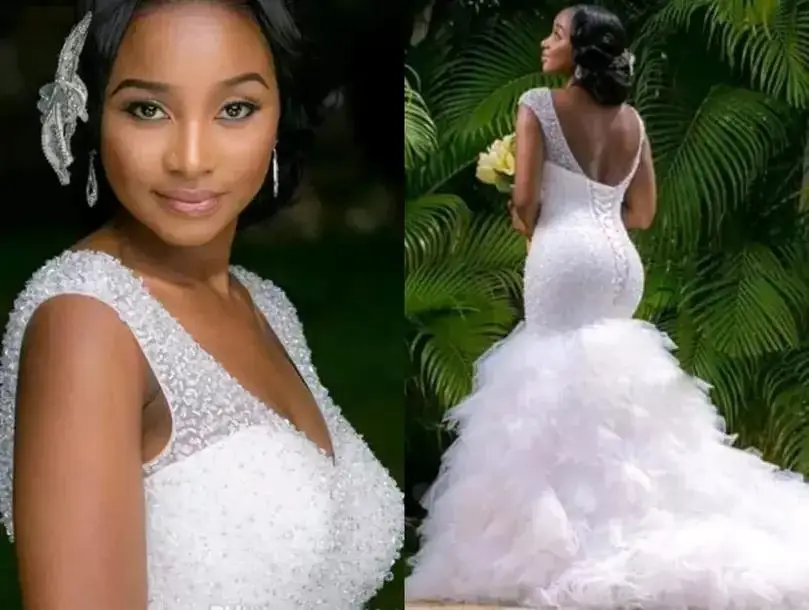 

Plus Size Arabic Aso Ebi Luxurious Mermaid Sparkly Wedding Dress Deep V-neck Tiers Tulle Bridal Gowns Dresses 2022