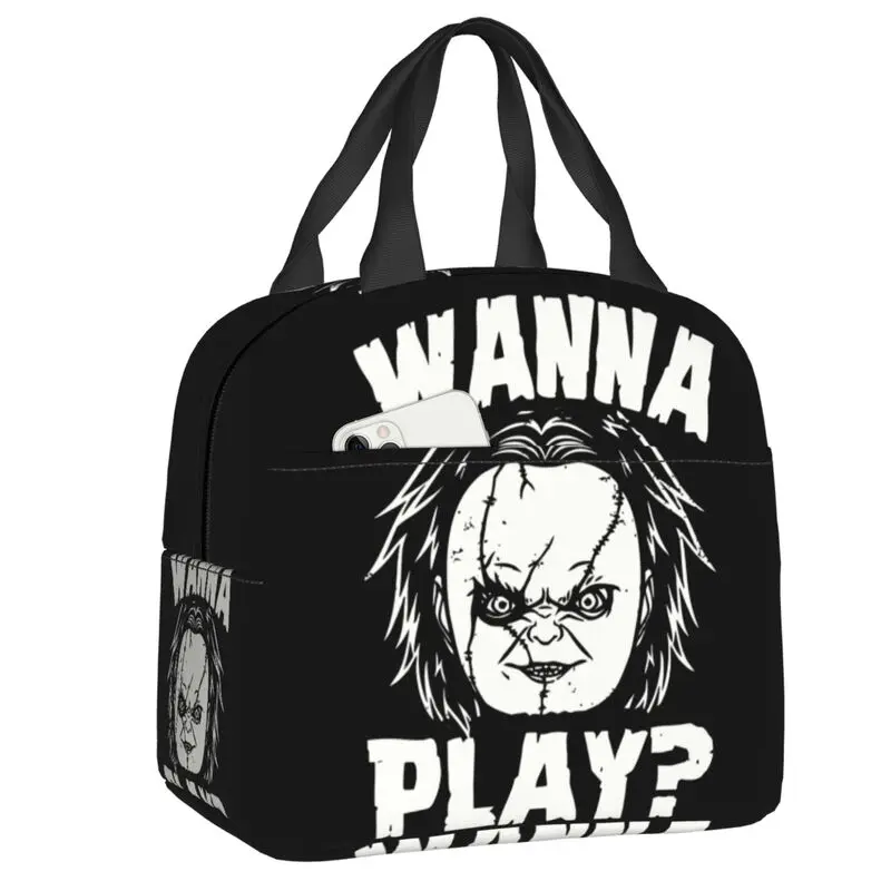 

Halloween Horror Movie Wanna Play Insulated Lunch Bag for Picnic Chucky Doll Portable Cooler Thermal Bento Box Women Children