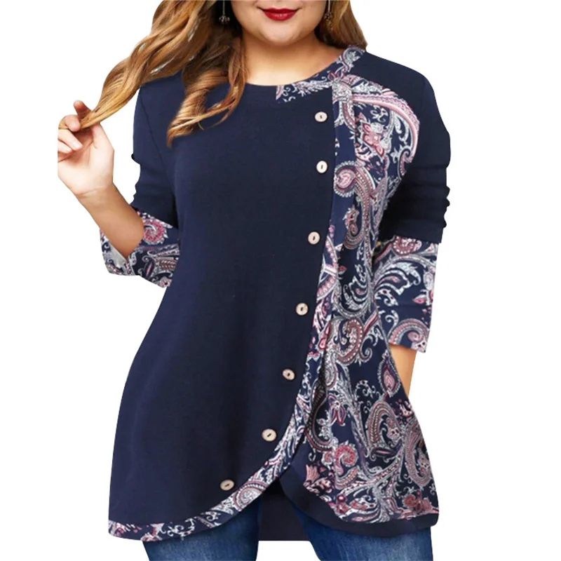 

2022 Spring Autumn Long Sleeve Blouse Tee Shirt Women Elegant Retro Print Patchwork Vintage Blouse Tops Plus Size Women Clothing