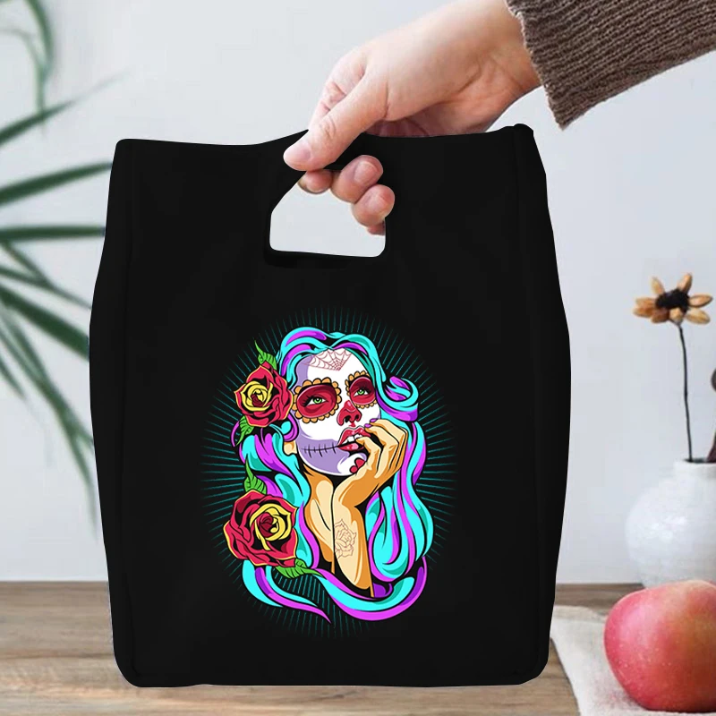 

New Portable Lunch Bags Sugar Skull Mexico Women Thermal Insulated Lunch Box Tote Cooler Gothic Handbag Convenient Tote Food Bag