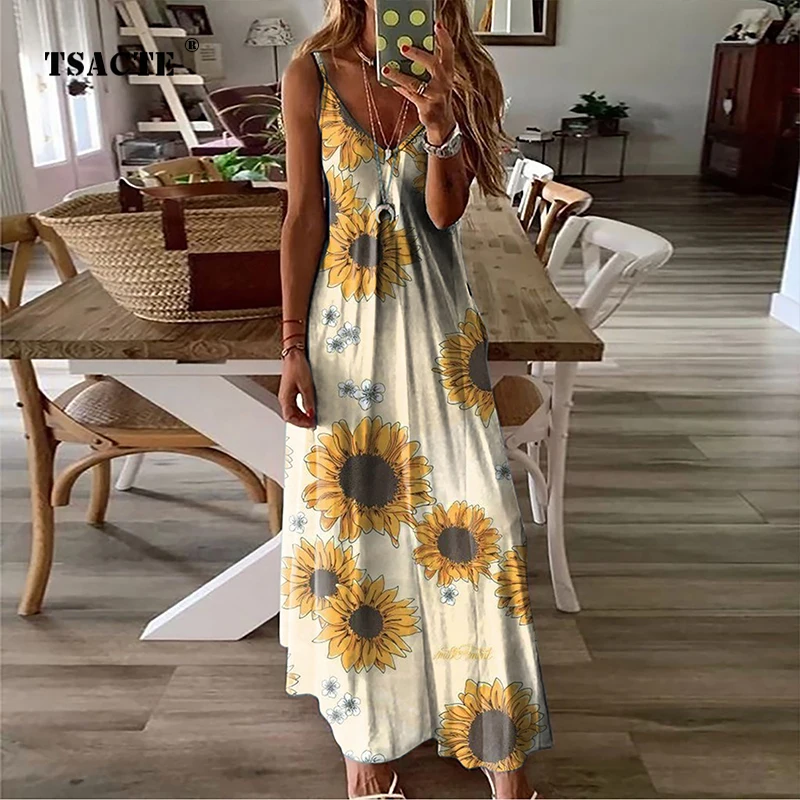 

Fashion Summer New Flower Print V-Neck Sling A-Line Dress Loose Casual Plus Size Women's Spring Sexy Beach Skirt Pajamas Vestido