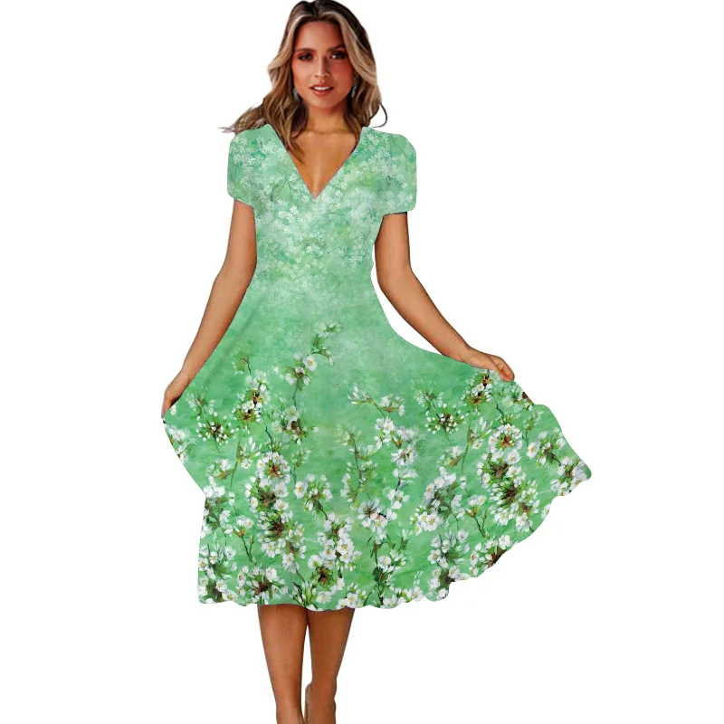 

Women Dresses Summer 2022 Sexy Green Floral 3DPrint Boho Beach Dress Plus Size Short Sleeve A Line Midi Dress Wrap Sundress Robe