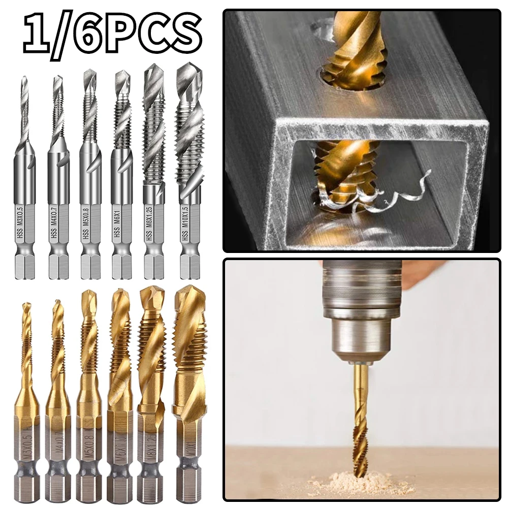 

6Pcs Metric Tap Drill Bit Titanium Plated Hex Shank HSS Screw Thread Bit Screw Machine Compound M3 M4 M5 M6 M8 M10 Hand Tools
