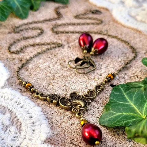 Винтажные серьги-капли с цветочным принтом, модные серьги-подвески из искусственного драгоценного камня, металла бордового цвета, античная бронза, комплект ожерелья