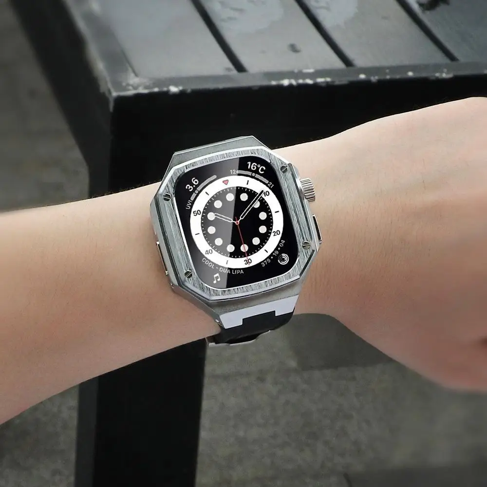 Mod Set Steel Case Strap For Apple Watch Ultra 8 7 6 5 4 49mm 45mm 41mm Rubber Sport Band Metal Modification Kit Glass Protector