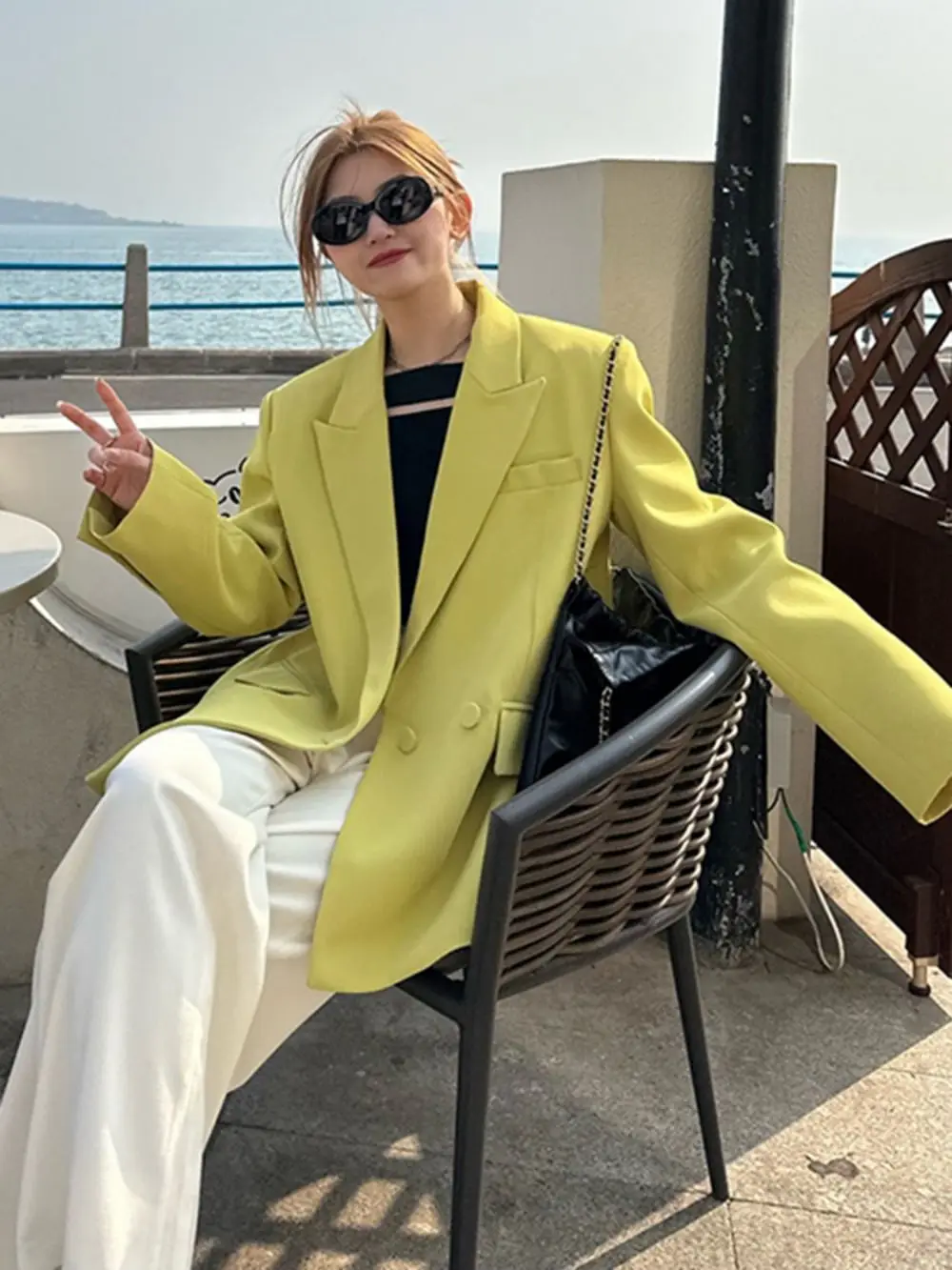 Straight Vintage Loose Blazers For Women Lapel Long Sleeve Double Breasted Solid Jacket Female Casual High Street пиджак женский