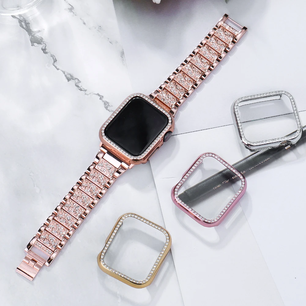 Band+case for Apple Watch diamond series5 4 3 21 metal female strap for iwatch 38mm40mm42mm44mm replacement bracelet accessories