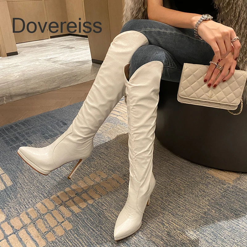 

Dovereiss 2022Winter Back Zipper White Platform Clear Heels Knee High Boots Fashion Stilettos Heels Ladies Boots Big Size 42 43
