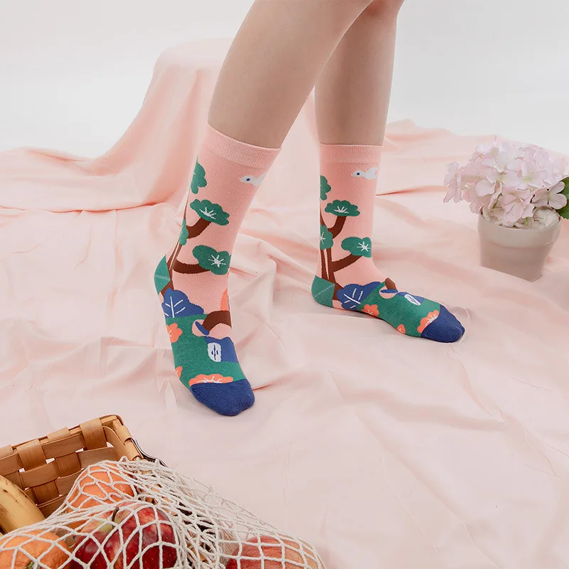 Men Women Socks  Cute Series Korean Harajuku Cartoon Funny Women Happy Cotton Cool Middle Tube Socks Boys Girls socks 5/Lot