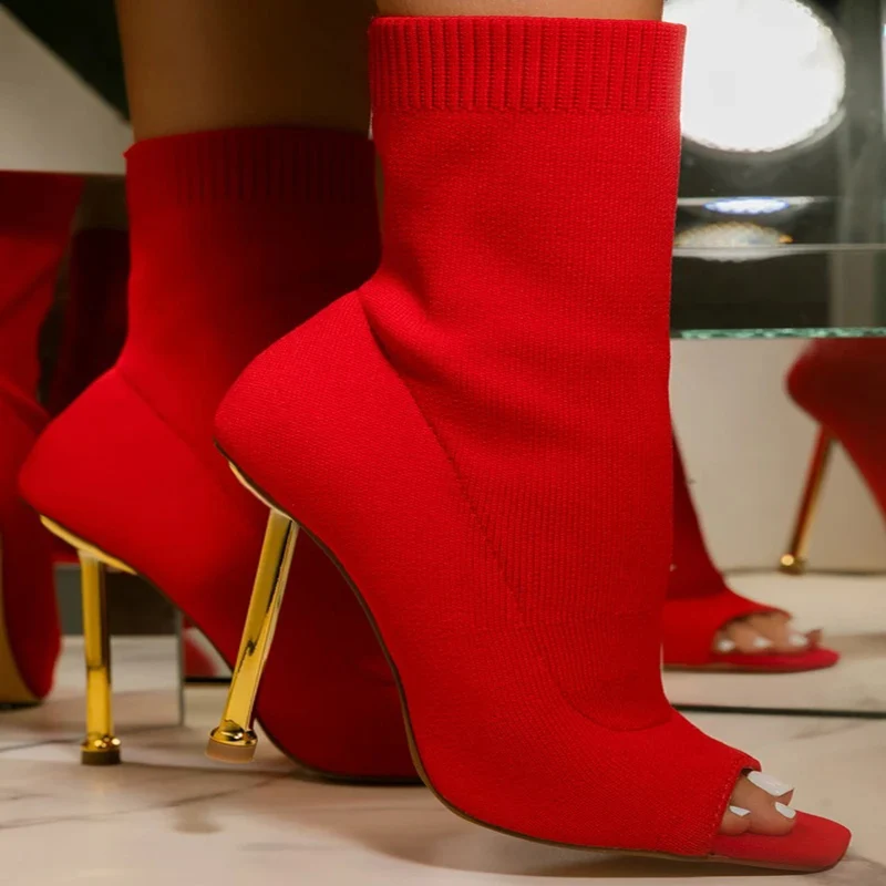 

Fashion Elegant Women Sock Boots Slip On Square Toe Female Heels Shoes Casual Outdoor Stretch Fabric Ladies Ankle Boots 2022