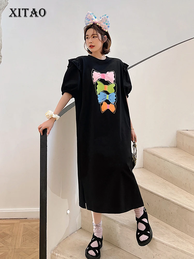 

XITAO Bow Tie Print Dress Women Korea 2022 Summer New Arrival Personality Fashion Loose O-neck Short Sleeve Dress WLD7157