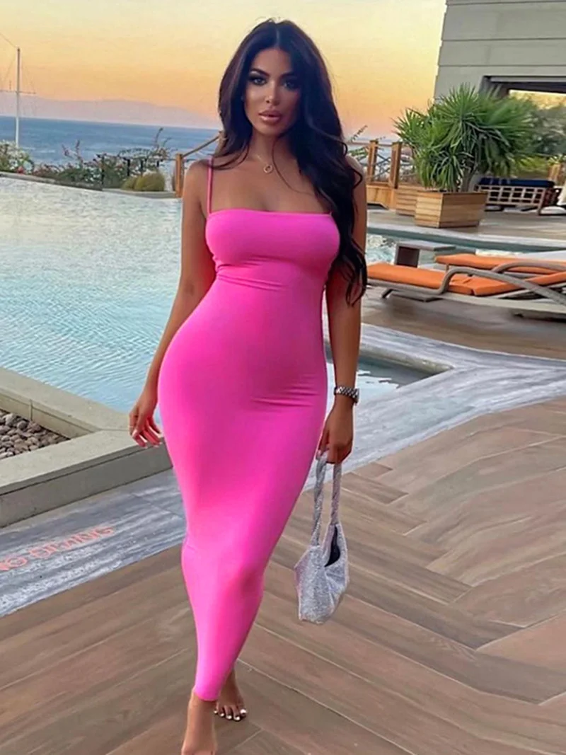 

Women Casual Summer Spaghetti Strap Bodycon Dress Fashion Solid Color Sleeveless Backless Slim Fit Sling Long Dress