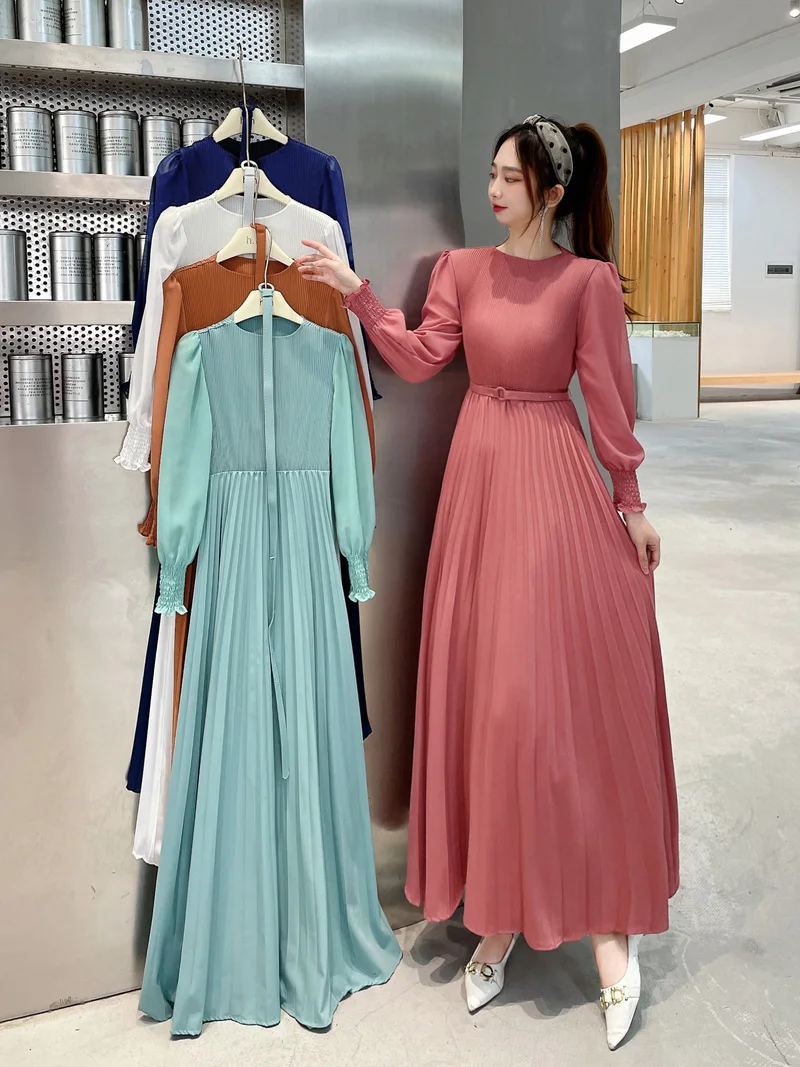 

Long Sleeve O-neck High Quality Elegant Party Dress Ladies Solid Pleated Elastic Waist Stitching Long Dresses for Women 2022