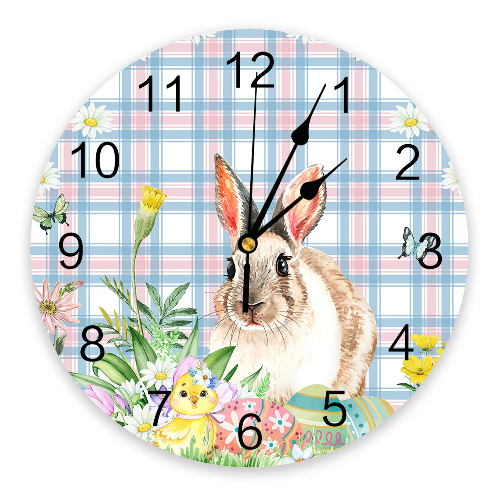 

Часы настенные в клетку, большие современные круглые, с пасхальным Кроликом, яйцом, цветком, для кухни, гостиной, домашний декор