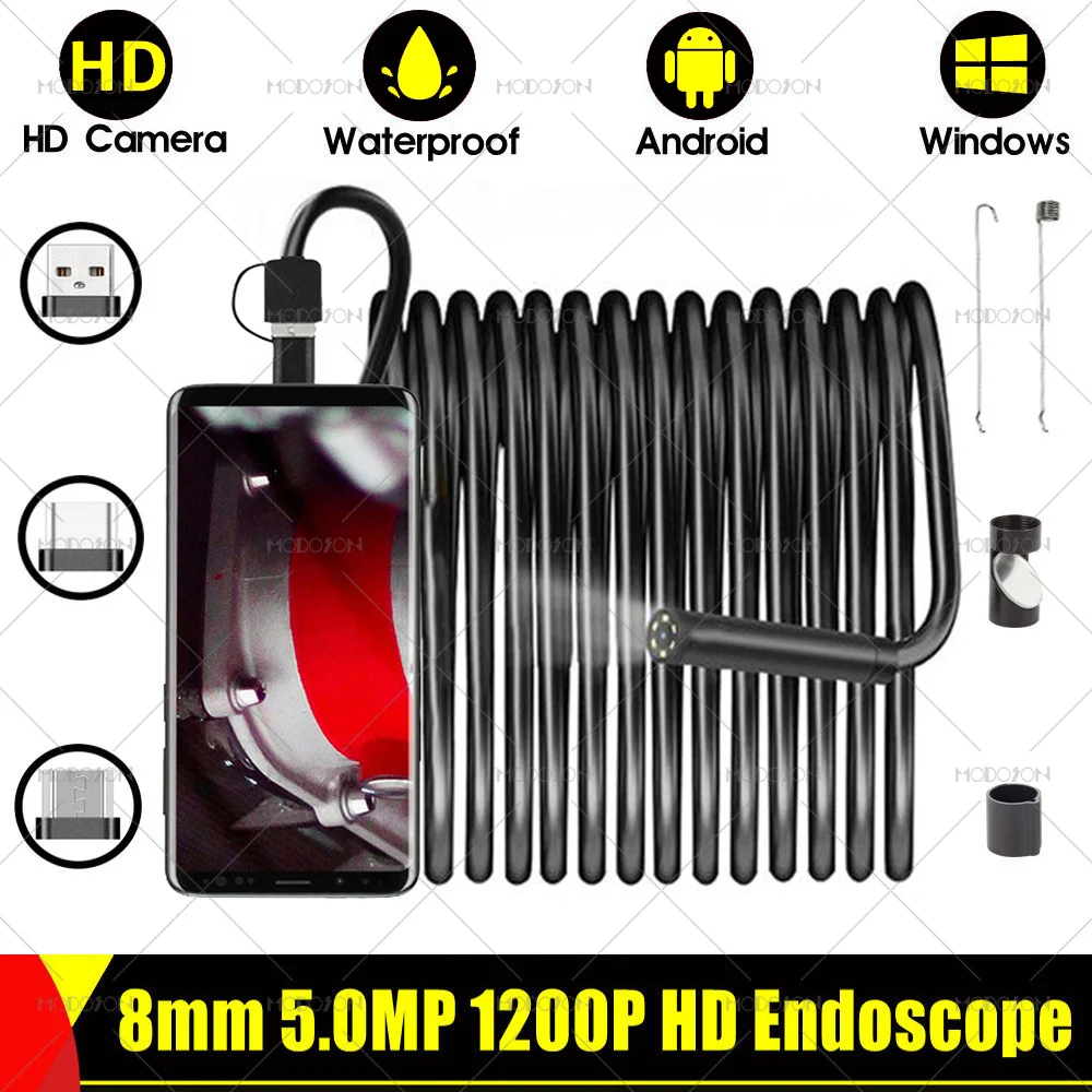 8мм 5.0МП 1200P HD эндоскоп камера с подсветкой OTG USB Type-C Инспекционный бороскоп гибкая канализационная камера для осмотра труб Android.