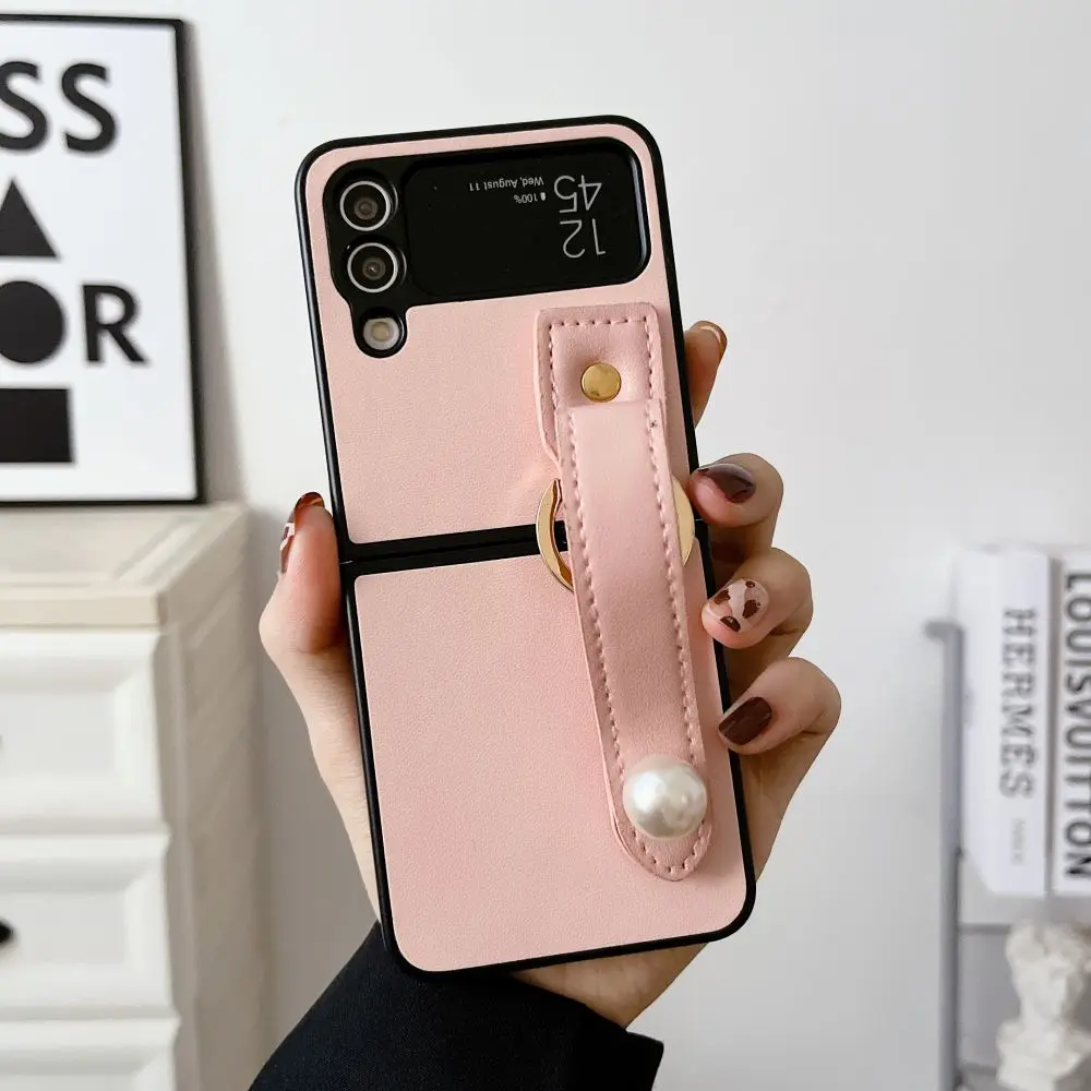 

For Samsung Galaxy Z Flip 4 3 5G ZFlip4 Luxury Plain PU Leather Retractable Strap Folding Shockproof Protection Hard Back Cover