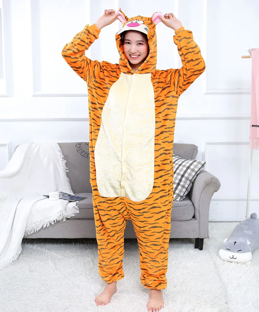 Winter Adults Tiger Animal Clothes Sets Lovely Warm Yellow Length To The Floor One Piece Pajamas Cosplay Comfortable Stylish