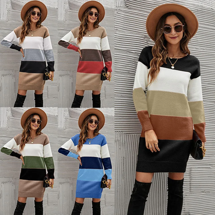 

Autumn / winter new color blocked round neck sweater dress large long sweater women2023