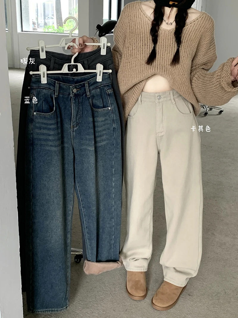 

Winter Loose Warm Jeans Women Plus Velvet Casual Vintage Denim Trousers Korean Fashion Y2K Straight pants High Waist Mom Jeans