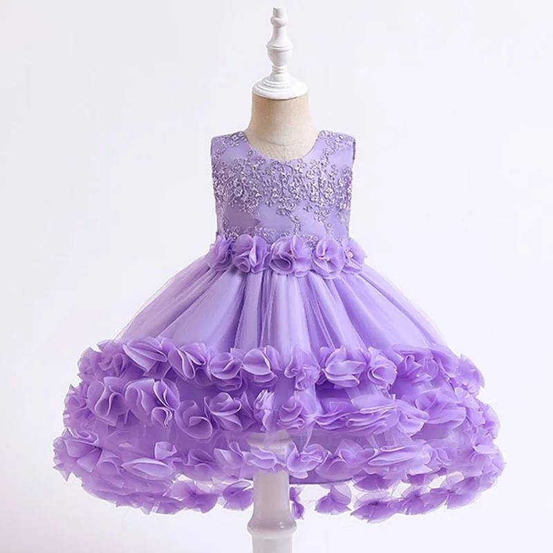 

Purple Sleeveless Lace Toddler Baby Girl Hi-Lo Birthday Wedding Party Dresses Handmade Flower Tutu Gown