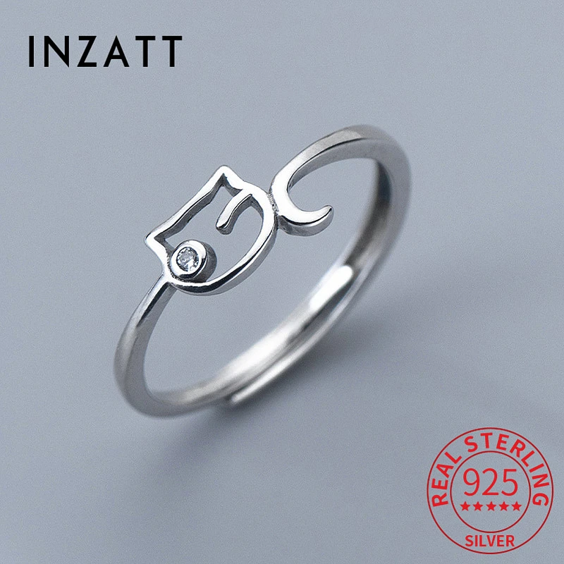 

INZATT Real 925 Sterling Silver Zircon Hollow Cat Adjustable Ring For Fashion Women Party Cute Fine Jewelry Accessories Gift