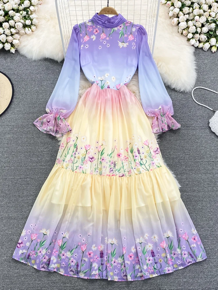 

Vintage Temperament Stand Collar Print High Waist A-line Dress Women Puff Sleeve Ladies Vestidos 2022 Summer New B723