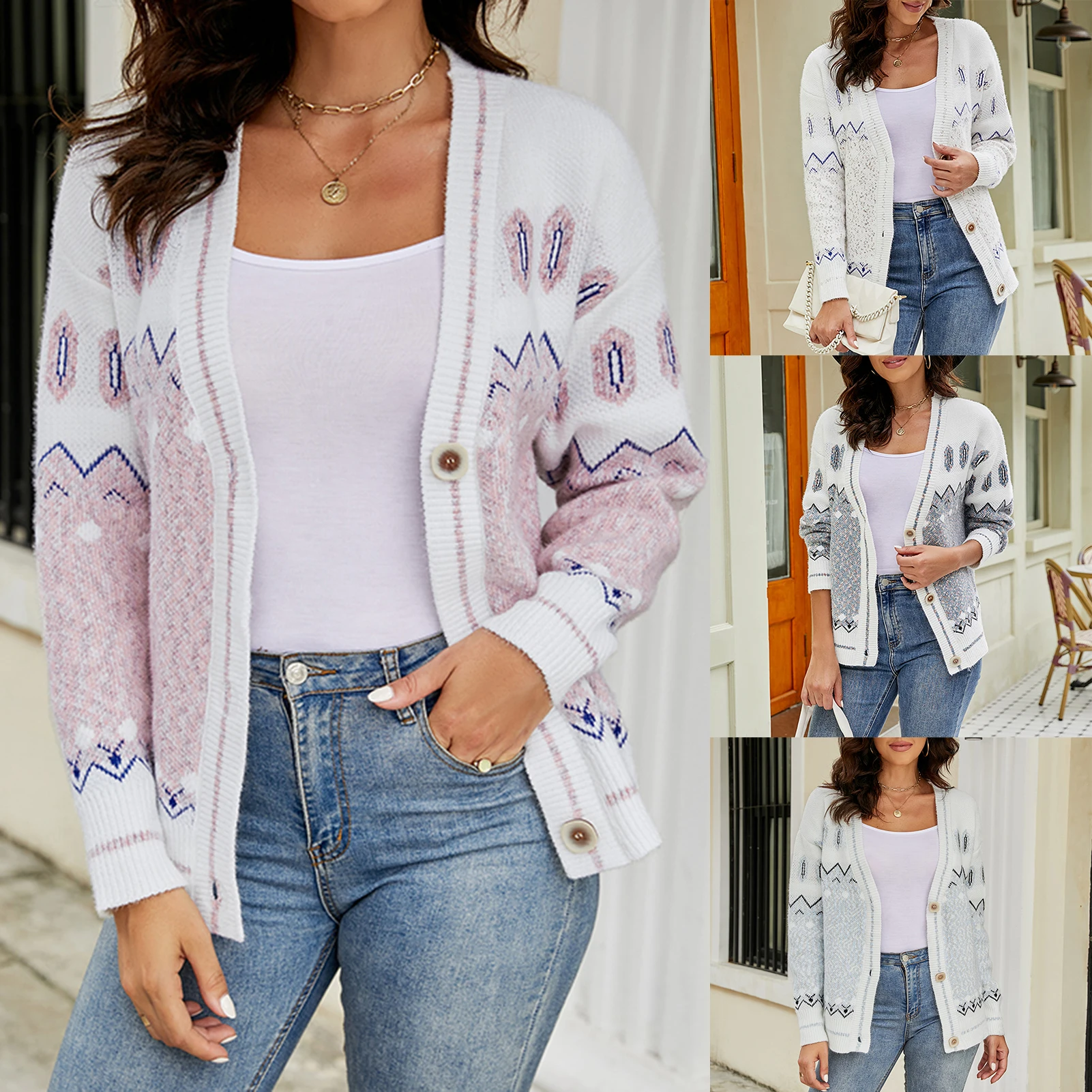 

Y2k Women Cardigan Sweater Knitted Cropped Korean Long Sleeve Top V neck Clothe Christmas Snowflake Knitted Cardigan Outfit