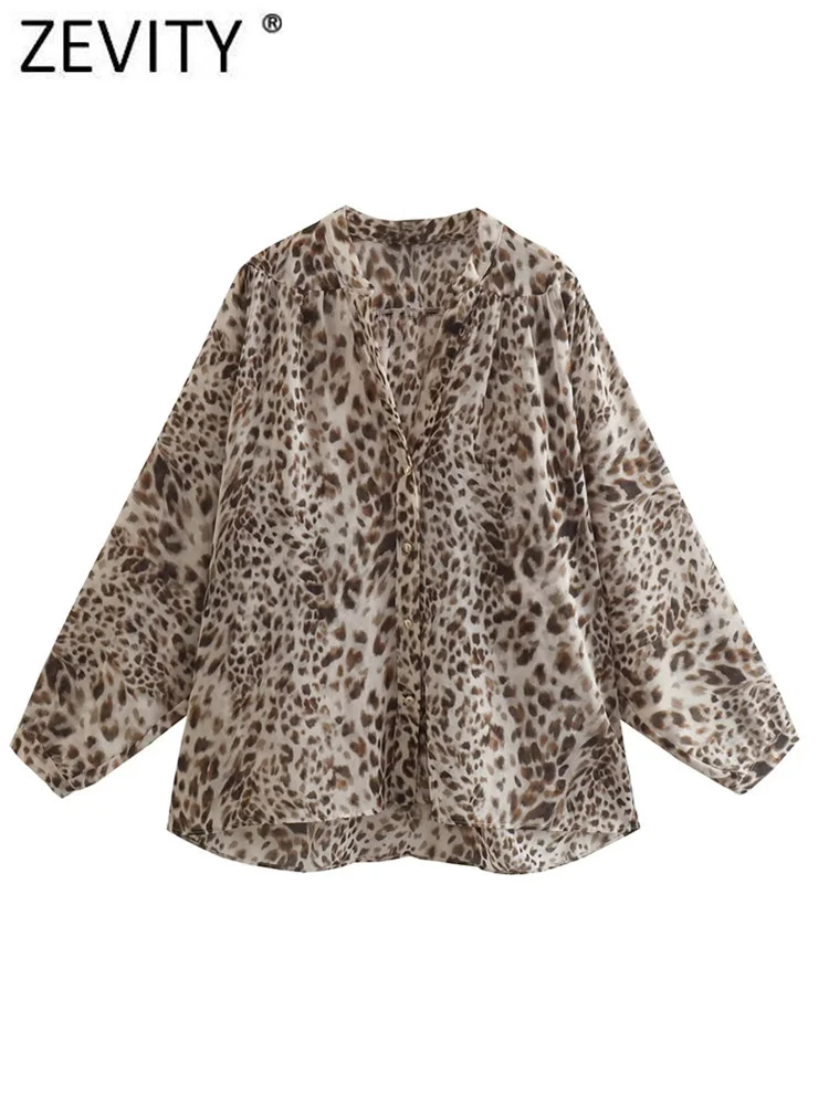 

Zevity Women Vintage V Neck Leopard Print Chiffon Smock Blouse Office Lady Buttons Loose Shirt Chic Chemise Blusas Tops LS1947