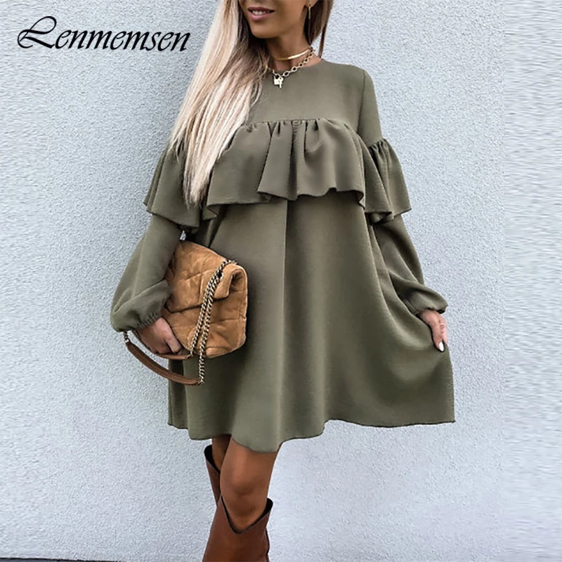 

Lenmemsen Elegant Ruffled Dress Women Autumn Casual O-neck Long Sleeve Pullover Dress Female Trendy High Street Solid Midi Dress