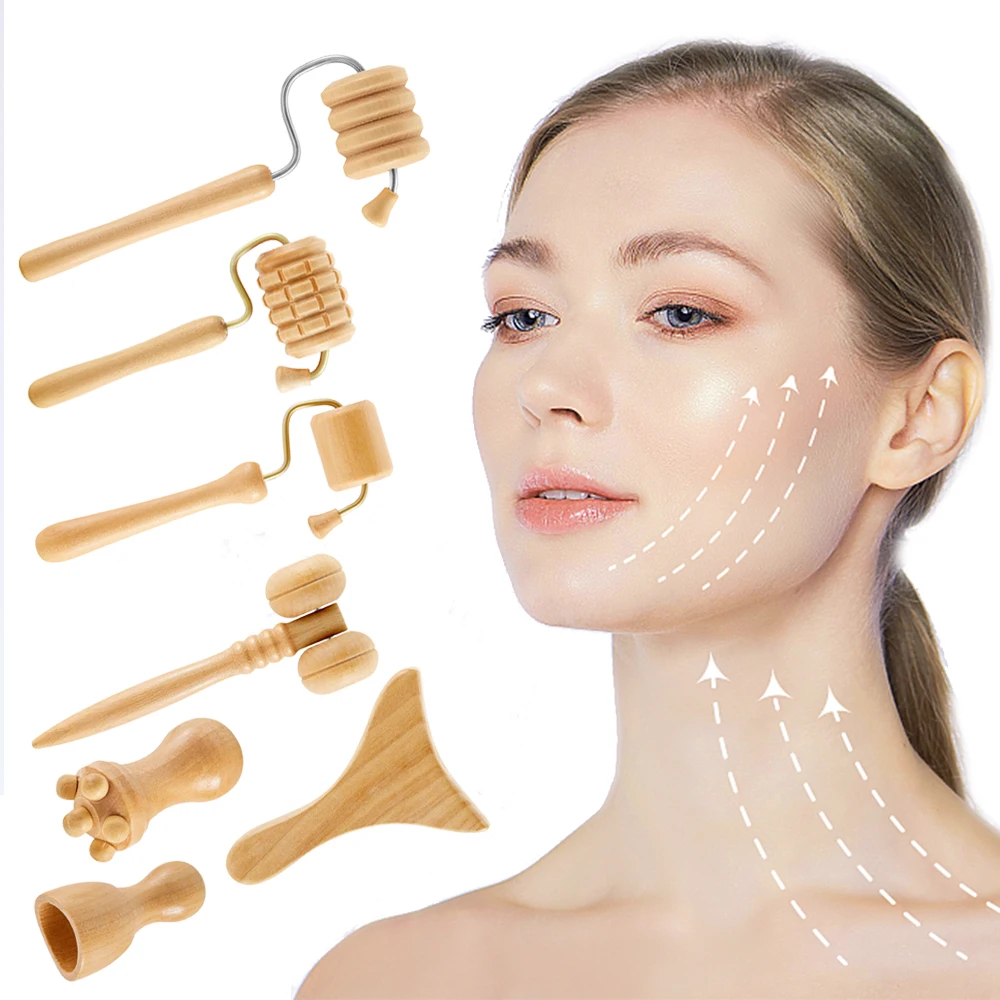 

7pcs/Set Face Massager Maderoterapia Face Roller Mini Wood Therapy Face Slimming Gua Sha Scraper Facial Lifting Wrinkle Remover