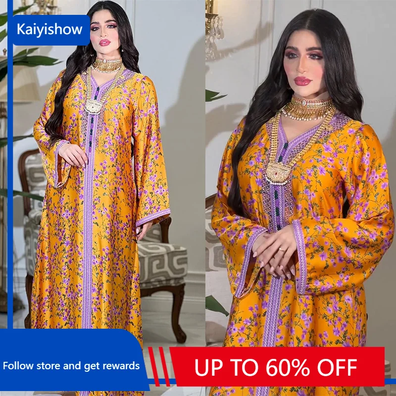 Muslim Dress 2023 Spring Summer Fashion Style Muslim Women Long Sleeve V-neck Polyester Printing Orange Long Dress Muslim Abaya