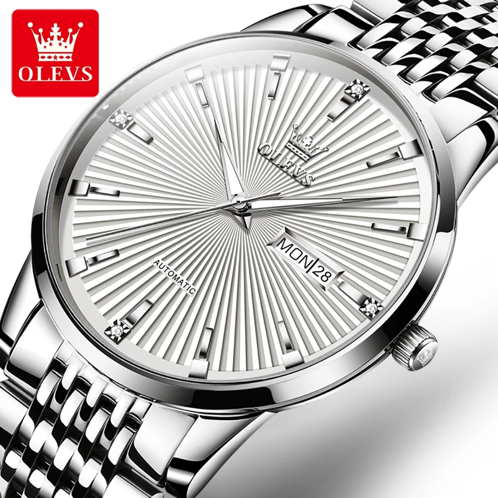 OLEVS Fashion Automatic Mechanical Watch for Men Stainless Steel Strap Waterproof Men Wristwatch Week Date Luminous Hands Clock