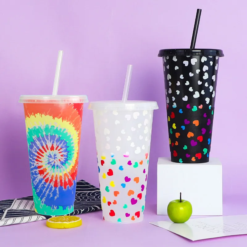 

710ml Creative Thermochromic Mug Reusable Straw Cup For Christmas Easter Day Valentines Portable PP Plastic Coffee Juice Straws