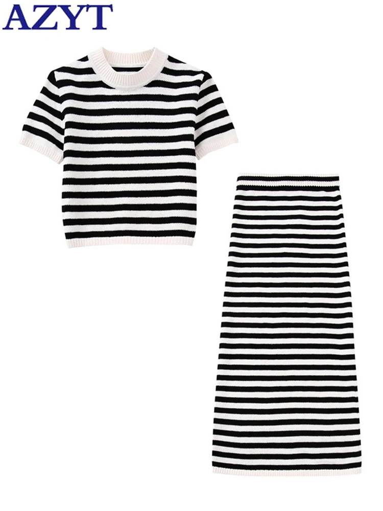 

AZYT High Waist Loose Sweater Knit Skirt Woman 2 PC Sets Stripe Knitwear Pullovers Women 2023 Summer Short Sleeve Knitwear Suits