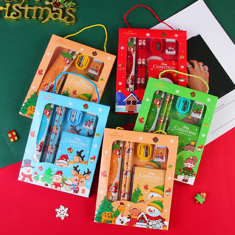 

5pcs Kawaii Christmas Festival Pencils With Eraser Sharpener Ruler Stationery Set Christmas Gifts For Kids Kawaii School Supply