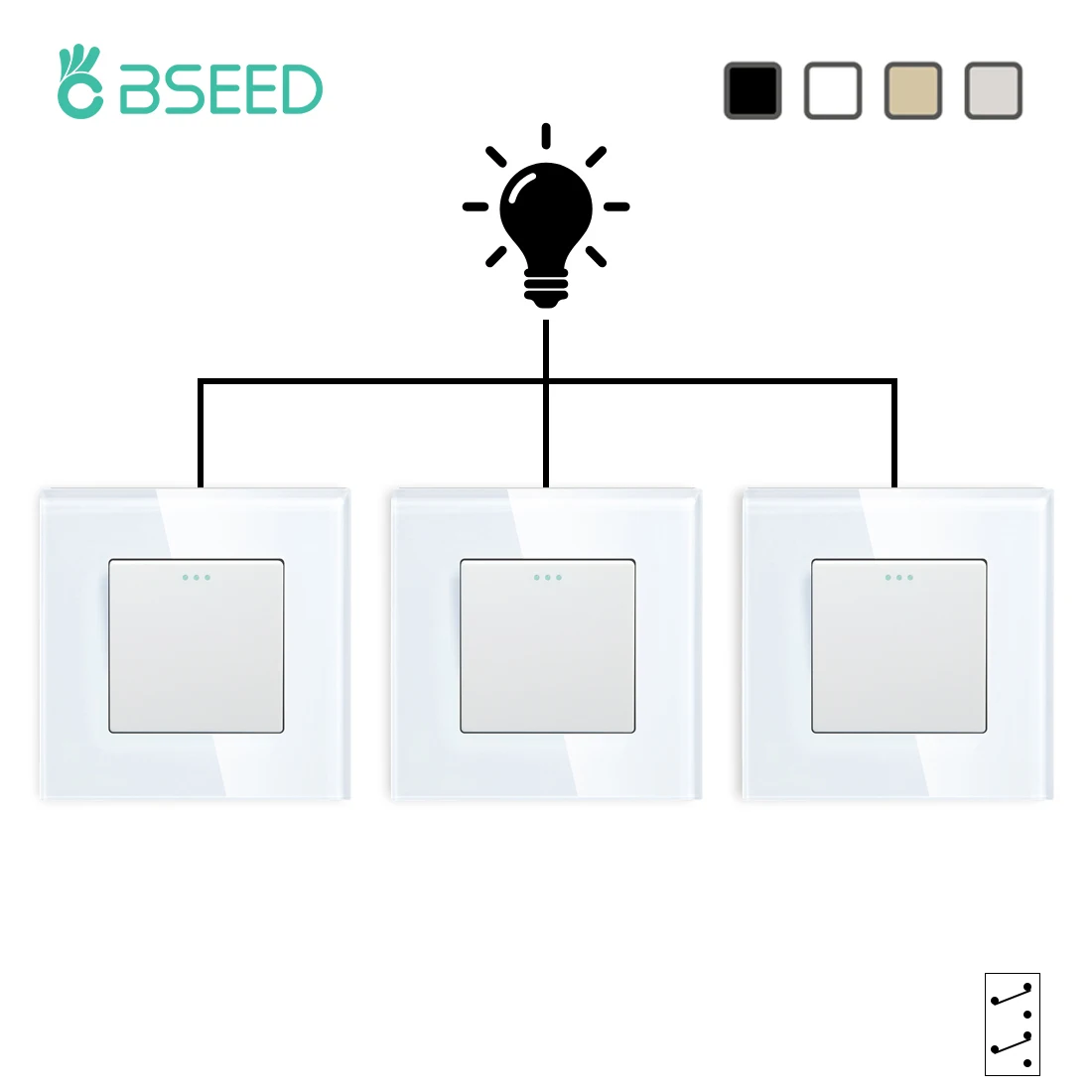 Настенные кнопочные переключатели BSEED европейского стандарта, 3 упаковки, 1 клавиша, 1/2 канала, промежуточный переключатель, стеклянная панель, механические переключатели