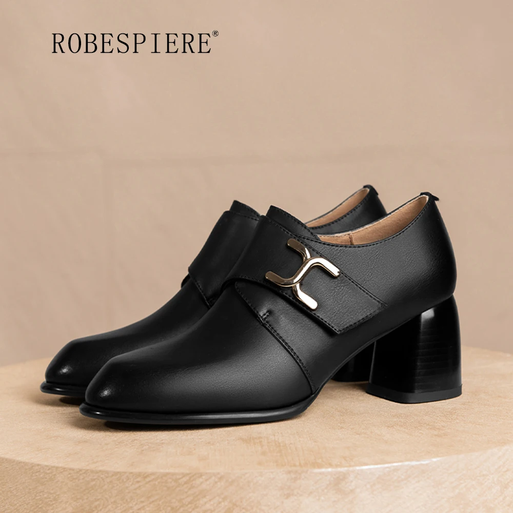 

ROBESPIERE-Leather Retro Women's Shoes 2022 Spring Thick Heel High Heels Pointed Toe Medium Heel All-match Leather Pumps-A250