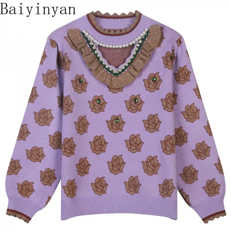 

Autumn and Winter New Retro Flower Pearl Half Sleeve Ruffled Slim round Neck Pullover Knitted Sweater Women's Top