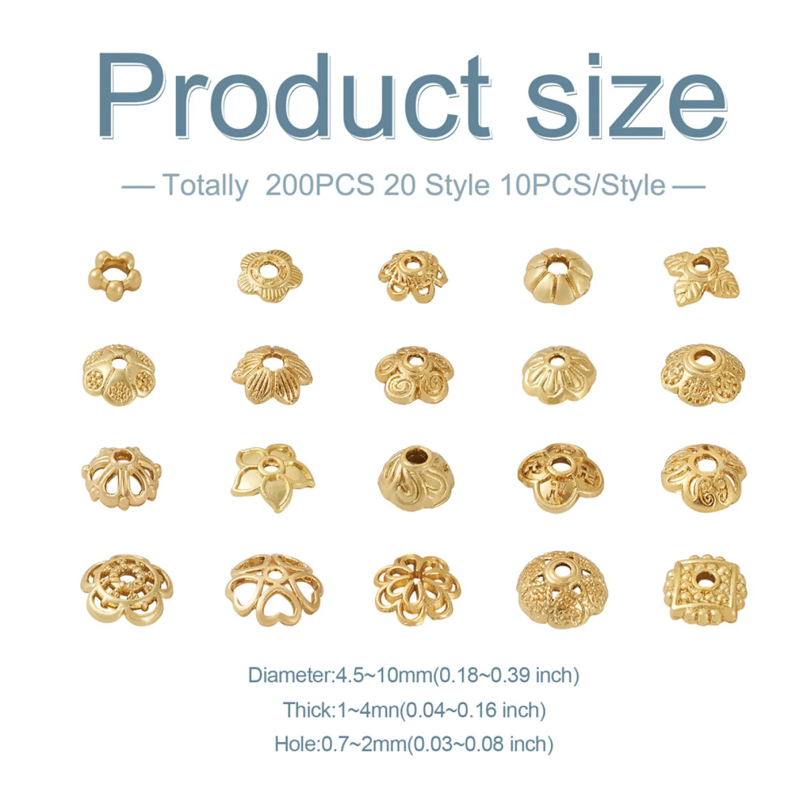 200Pcs Gold Color Alloy Flower Bead Caps Filigree Loose Spacer Caps Jewelry Beads for Earrings Bracelet Making Diy Accessories