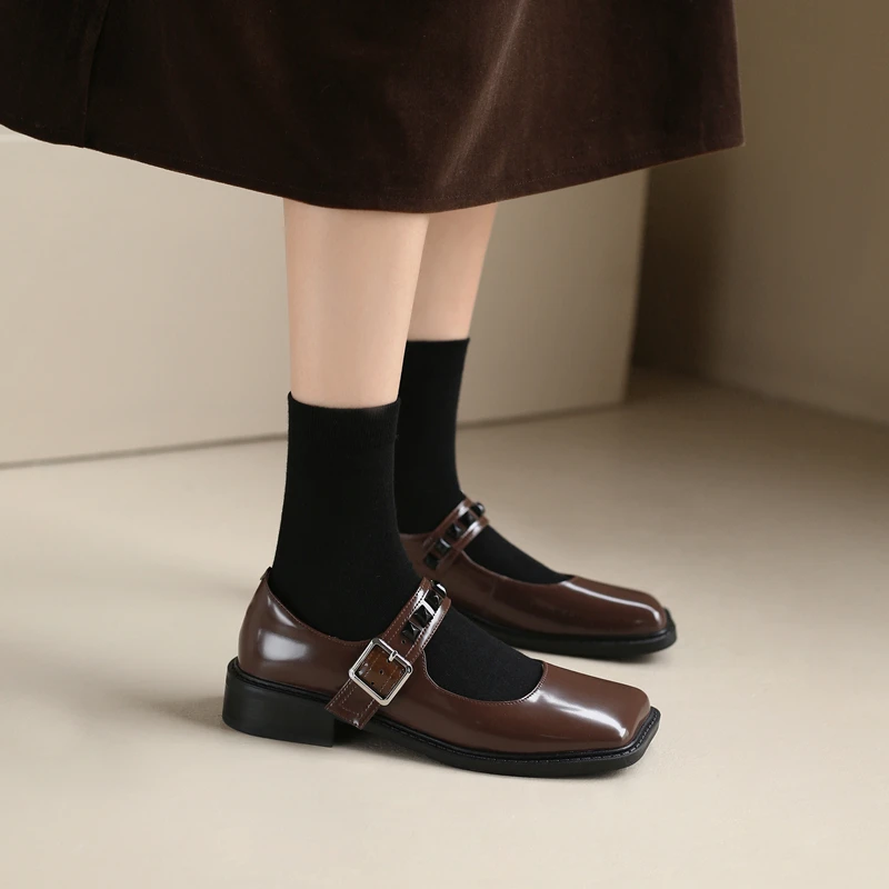 Genuine Leather Girls Flats Black Brown Dress Mary Jane Shoes Preppy Style Vintage Crystal Buckle Soft Square Toes Zapatos Mujer